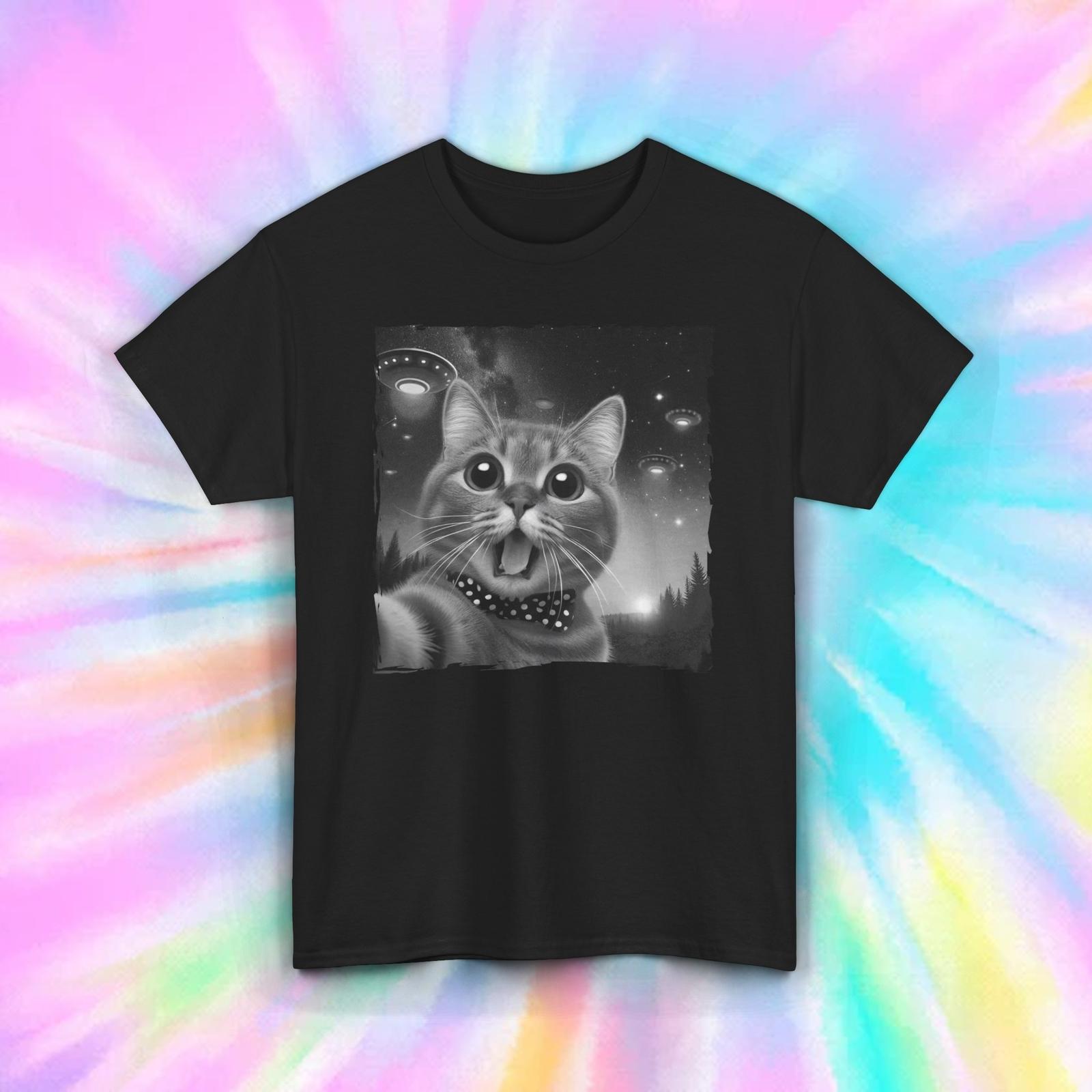 Cat UFO Abduction T-Shirt | Funny Alien Abduction Graphic Tee | Quirky Humor M