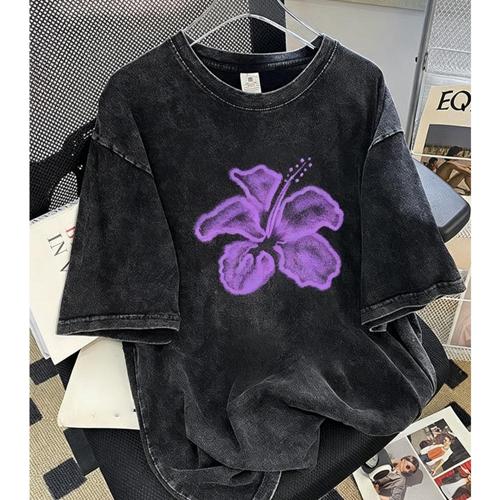 Y2K Hibiscus T-Shirt Washed Cotton Retro Grunge Style Tee Aesthetic Floral Top Edgy Streetwear Graphic Apparel for Women Men Daily Wear Cool Top