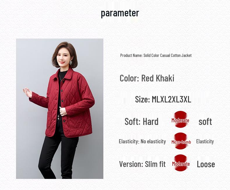 Mamas Neue Mode Leichte Gesteppte Baumwolljacke - Lässig Einfarbig für Mittelalte und Ältere Frauen