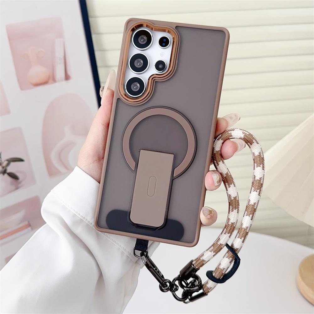 Matte Clear Stand Wrist Strap Lanyard Phone Case Samsung S25 S24 S23 S26 Ultra Plus S25 Edge For Magsafe Wireless Charge Cover