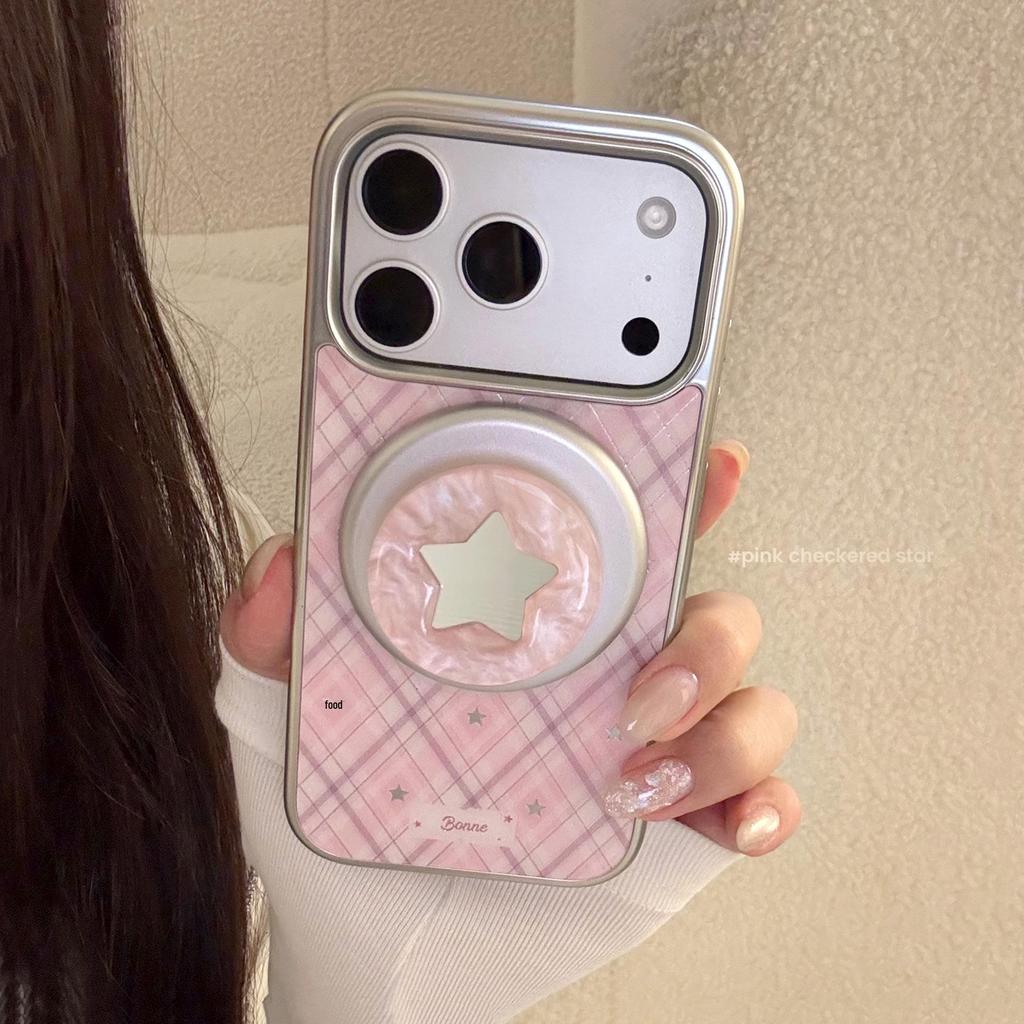Korean Style Gold-Plated Peach Star Plaid Magnetic Phone Case for iPhone 16/17 Pro Max/15/14P