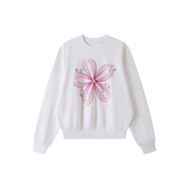 

Thelight Embroidery Hot Drilling Gemstone Flower Cotton round Neck Hoodie Women Loose 420G Heavy Weight Profile Top White One size