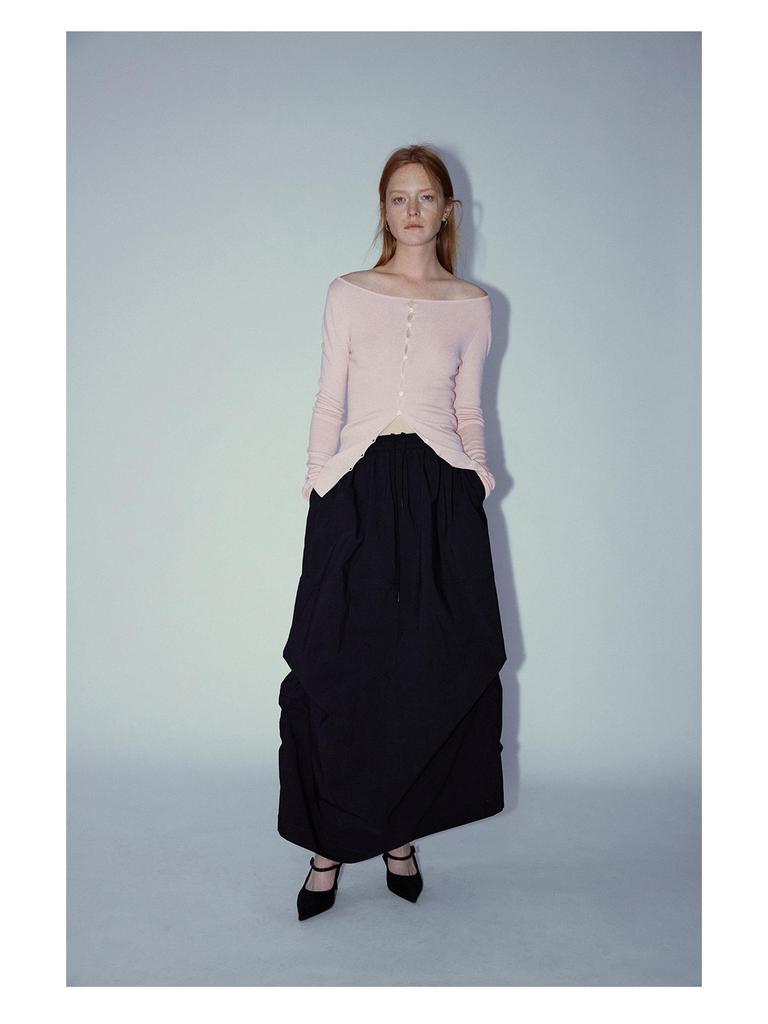 [Shi Shi] Women's Slim Fit Wool Cardigan - Boat Neck, Single-Breasted, Long Sleeve, Slightly Elastic, V8141