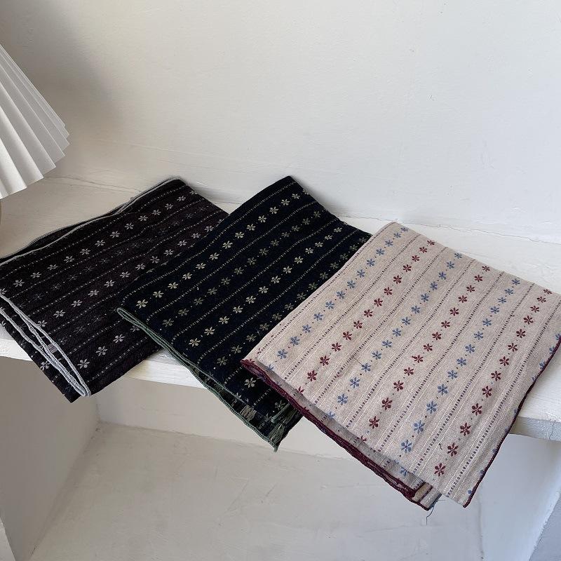 Japanese College Style Retro Literary Brown Brown Color Double-sided Flowers Cotton Scarf Female Student Neck Protection Scarf