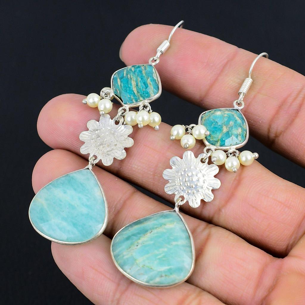Daughters Day Deal 925 Silver Amazonite Gemstone Dangling Hook Earrings Jewelry