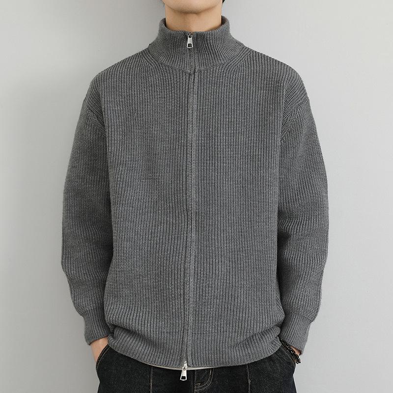 Cardigan din lână cu fermoar dublu Bărbați Jachetă tricotată cu fermoar casual pentru bărbați