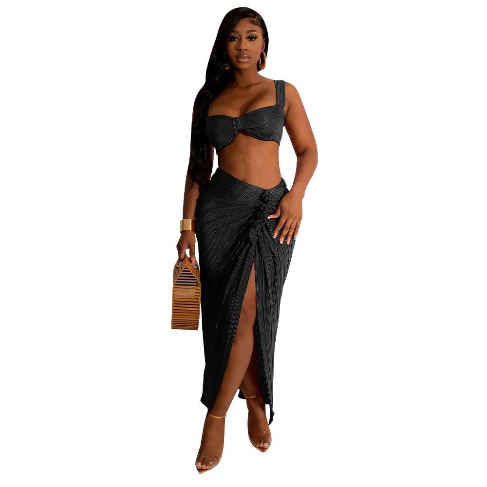2023 European & American Pleated Backless Camisole and Ruched Skirt Set