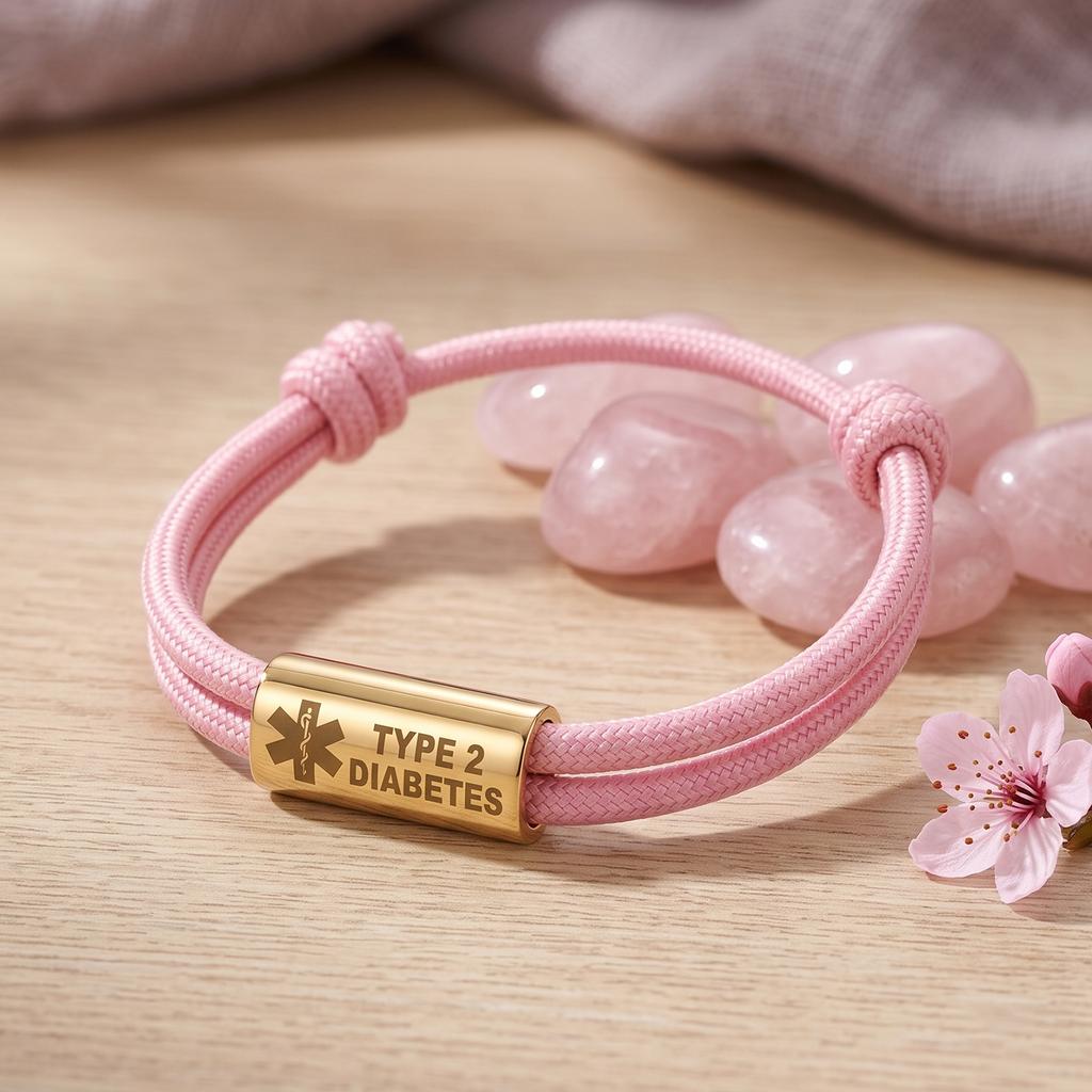 Bracciale Diabete di Tipo 2 Acciaio Inossidabile Barra Incisa Corda di Nylon Intrecciata Doppia per Uomo Donna