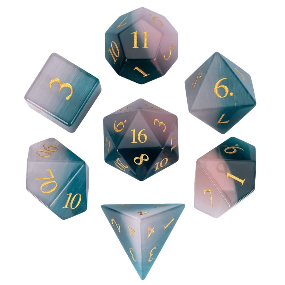 Cusdie Cat's Eye Stone DND Dice Handmade D4-D20 Polyhedral Gemstone Dice Set with Leather Box for Tabletop RPG Collection