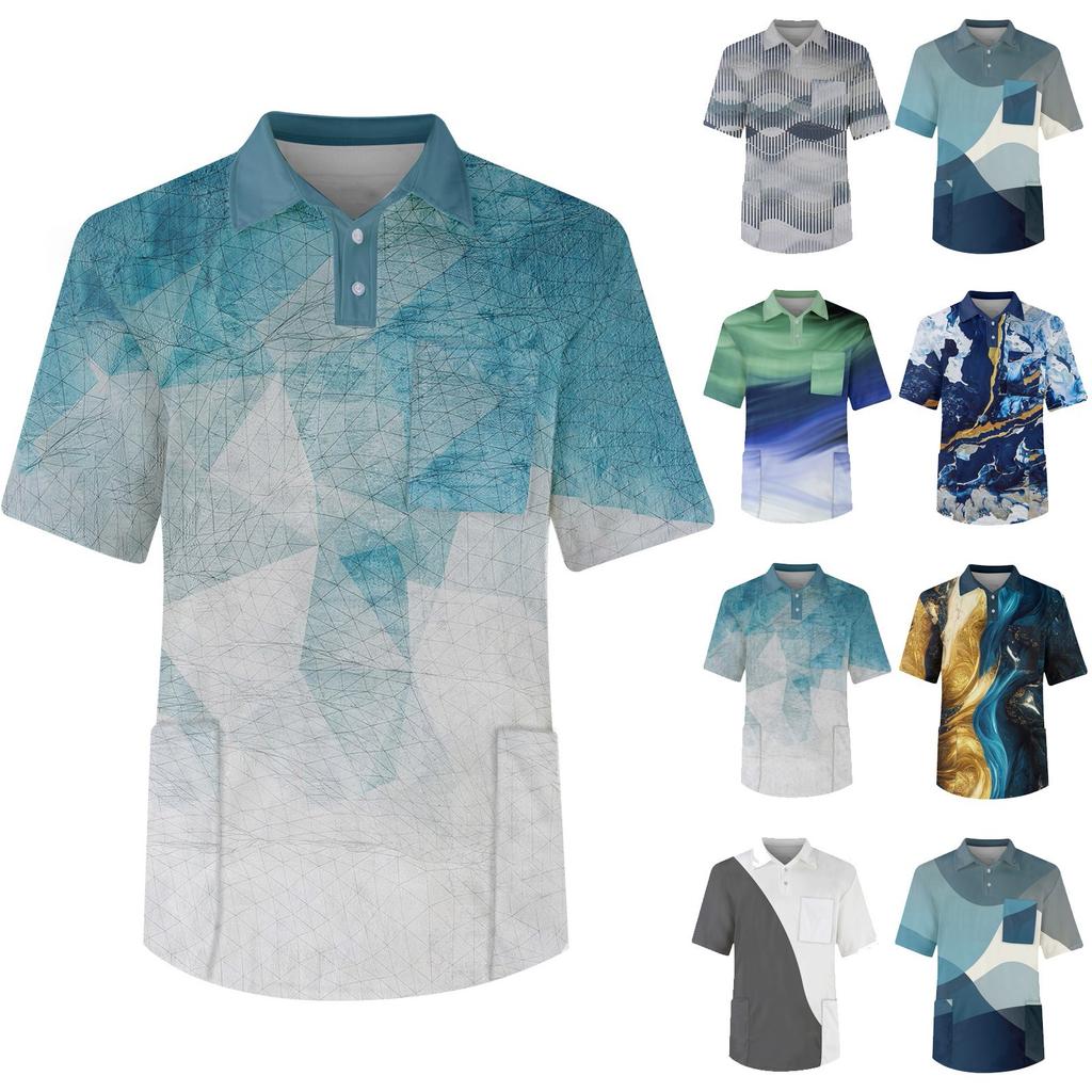 Men's Short Sleeve Button Lapel Solid Color Chest Pocket Dry-nurse Top