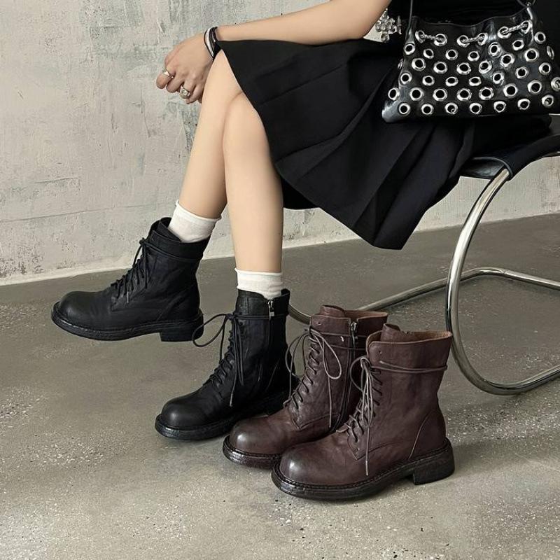 Autumn and winter women's leather boots side zipper large size women's boots leather versatile medium heel Martin boots new comfortable low boots