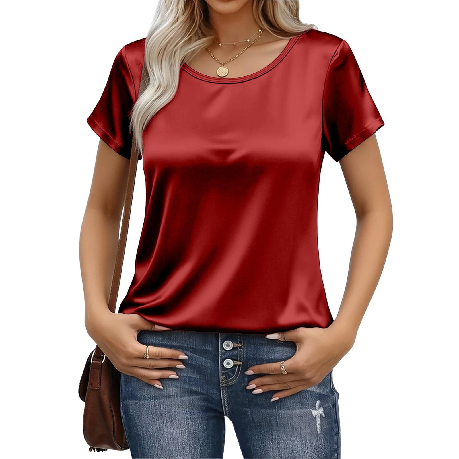 

Women s Elegant Lightweight Satin Short-Sleeve T-Shirt Top XL червоний