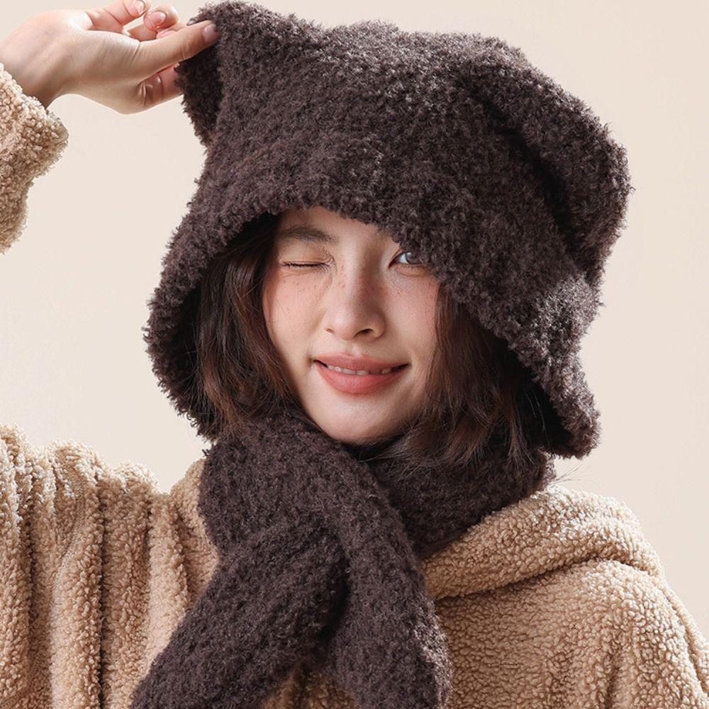 Cap Cute Beanies Velvet Hat Scarf Integrated Cartoon Plush Bear Ear Hat Winter