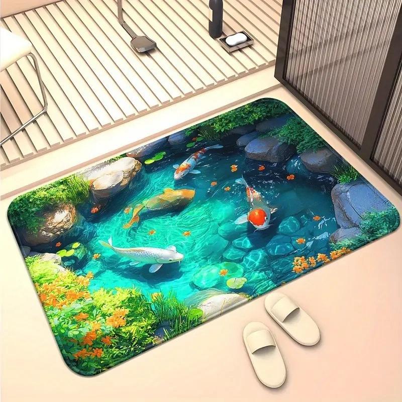 3D Optische Illusion Teppich Realistischer Fischteich Bereichsteppich Waschbar Goldfischteich Fußmatte Rutschfest