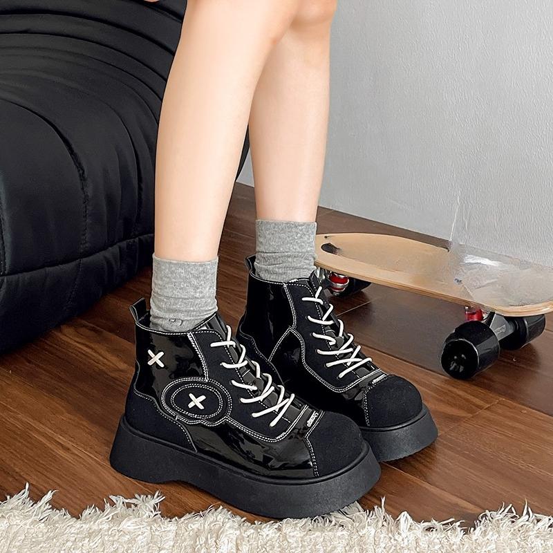 Stylish Single Boots Autumn New Round Toe Spliced Front Lace-Up Platform Anti-Slip Wear-Resistant Short Shoe