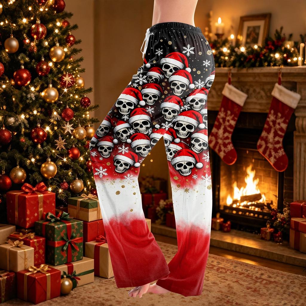 Women's Christmas Print Casual Pants with No Pockets for Holiday Lounging
