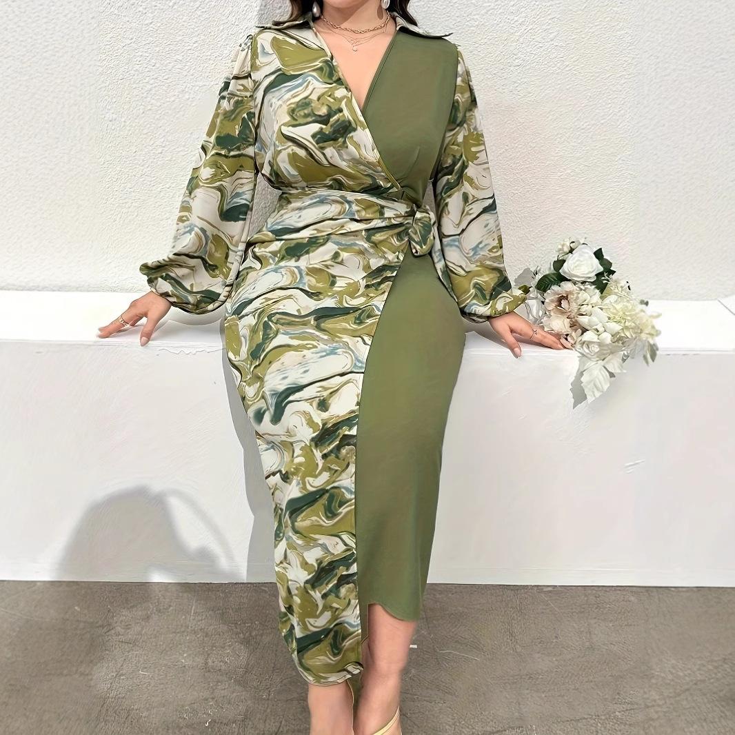 

Осеннее платье с V-образным вырезом и длинными рукавами, элегантное женское платье больших размеров с цветными блоками 4XL разноцветный