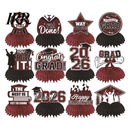 Waterproof Graduation Decorations 12Pcs 2026 Honeycomb Decor 3D Centerpieces for Commencement Party Red & Stars And Badges Black Theme