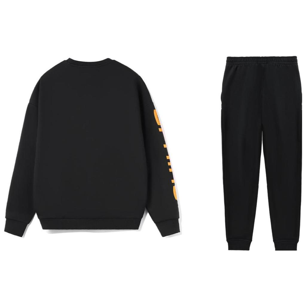 Li Ning Logo Print Loose Round Neck Pullover Warm Fleece Long Sleeve Cuffed Sports Pants Hoodie Set Men Hoodie Set Black AWDSD23-3+AKLSC99-1