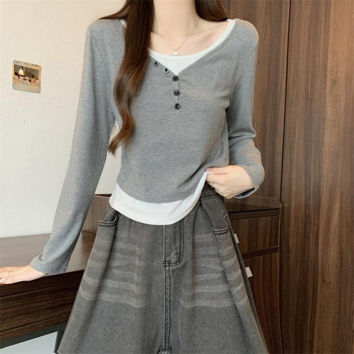 Base Layer Women's Outerwear Inner Wear with High-end and Unique Buttoned T-shirt Long-sleeved Color-matched Fake Two-piece Top