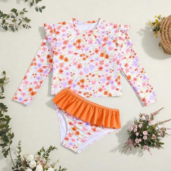 Jenter Solbeskyttende Badedraktsett Todelt Rash Guard Langermet Badebukse Tankini med Bikinibunn Blomstertrykk Barn Strandklær