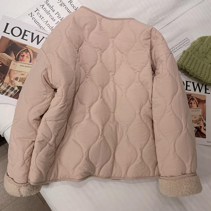 Women's Pink Lambswool Cotton Winter Coat 2022 - Korean Style Thickened Round Neck Jacket