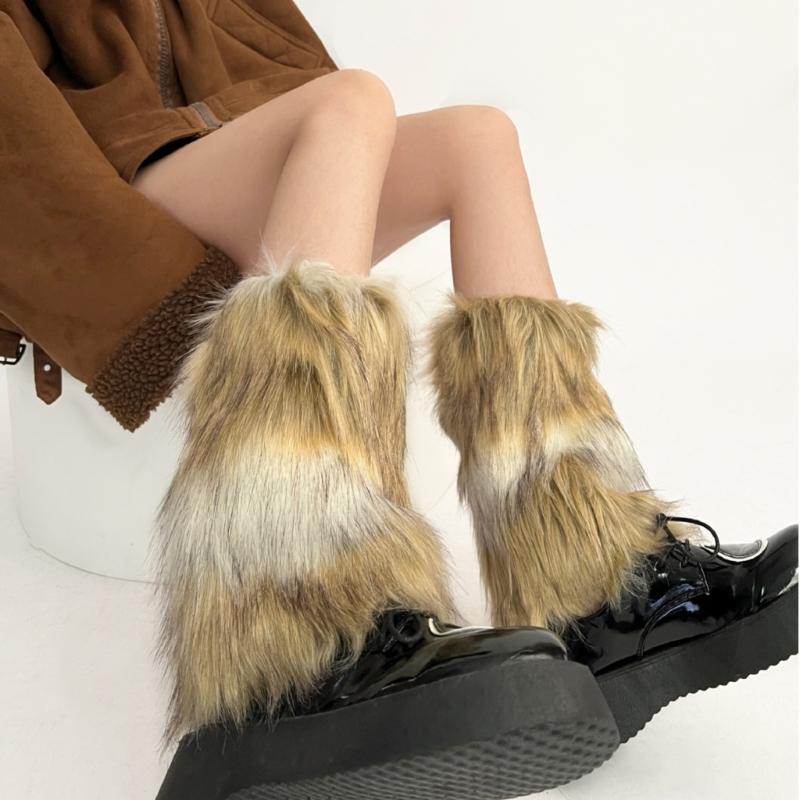 Women Harajuku Fuzzy Plush Leg Warmers Japanese JK Winter Warm Thickened Furry Boots Cover Vintage Leg Sleeve Long Socks