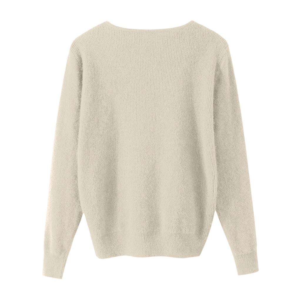 Women's Fashion V-Neck Button-Front Long-Sleeved Knit Top Solid Colour Loose-Fit Blouse