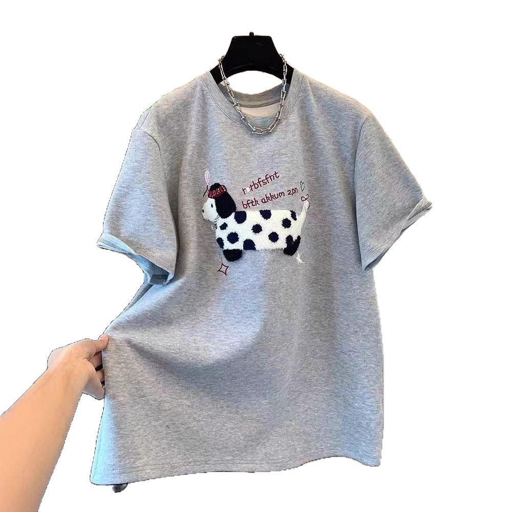 European Plus Size Embroidered Dog Thick Short Sleeve Women's T-shirt for Spring/Autumn