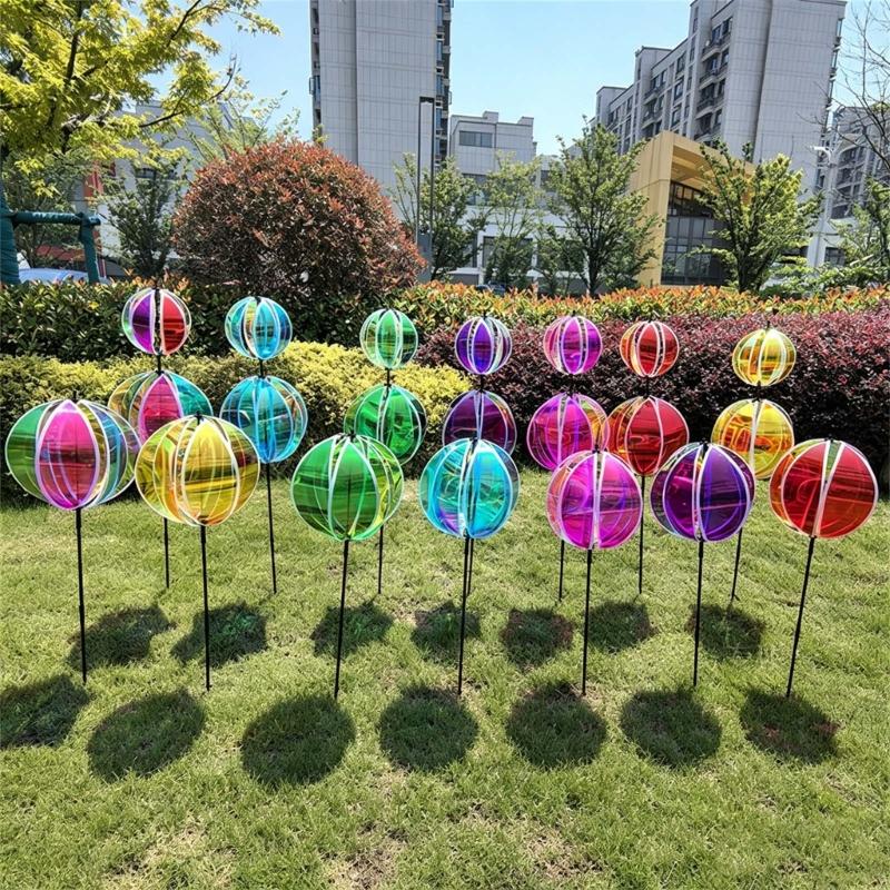 Rainbows Rotating Windmill Decorative Stake Reflective Outdoor Gazing Ball Wind Spinner For Garden Yard Patios Outdoor Use