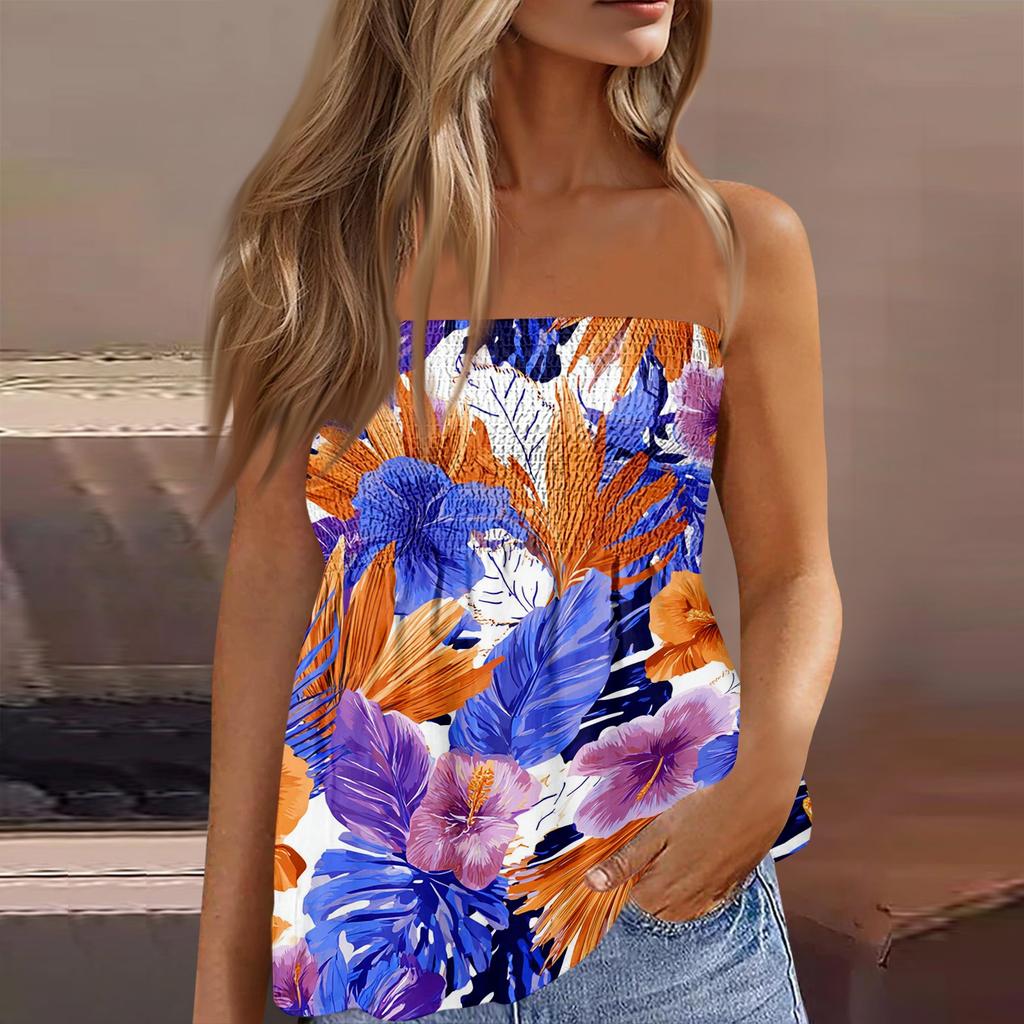 Women's Summer Fashion Strapless Top, Cute and Sexy Off-Shoulder Hawaiian Print Sleeveless T-Shirt