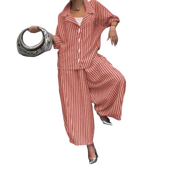 

Жіночий повсякденний костюм, сорочка з довгими рукавами, широкі брюки-шаровари, комплект із двох предметів, осінній лацкан, смугасті штани в дев’ять точок Жіночий костюм M червоний