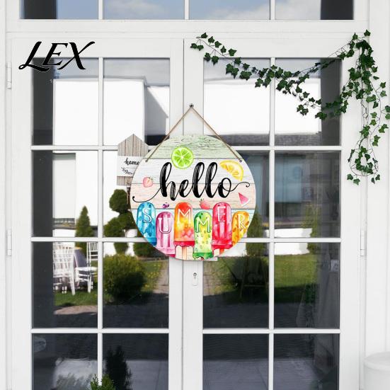 Wooden Hanging Sign Hello Summer Door Sign, Ice Pop Flip Flop Welcome Hanger, Front Plaque Farmhouse Wreath for Home Porch Decor Coastal Style Wall