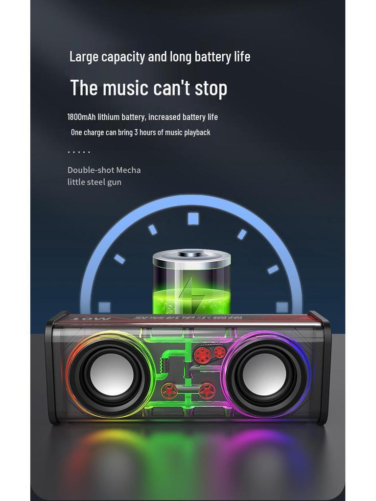 Cross-border V8 Bluetooth Speaker: Transparent Mecha Design, Heavy Bass, Long Battery Life, Portable, Colorful TWS Little Cannon.