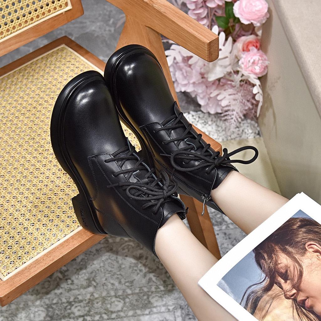 Rundkopf Martin Stiefel Damen Flachboden Kurzstiefel erste Schicht Rindsleder Schnürschuhe lässige Damenstiefel Bikerstiefel Lederstiefel