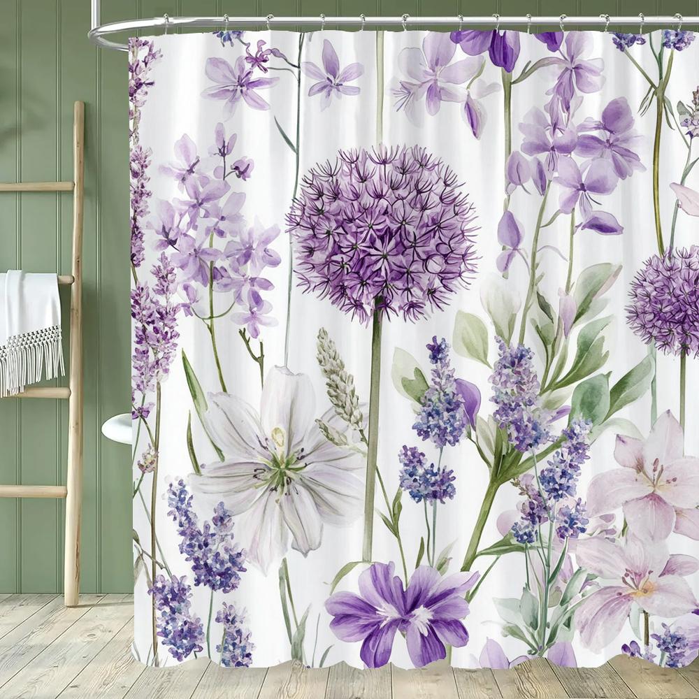 1PC Purple Flowers Shower Curtain,  Watercolor Floral and Plants Bathroom Decorative Curtain,Polyester Home Curtain with Hooks
