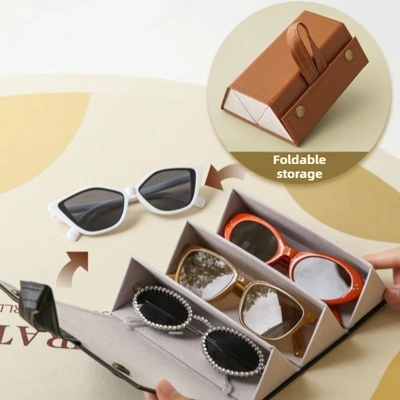 Retro Foldable Glasses Organizer - PU Leather 4/6 Slot Eyewear Case, Portable Sunglasses Holder for Purse/Backpack Storage