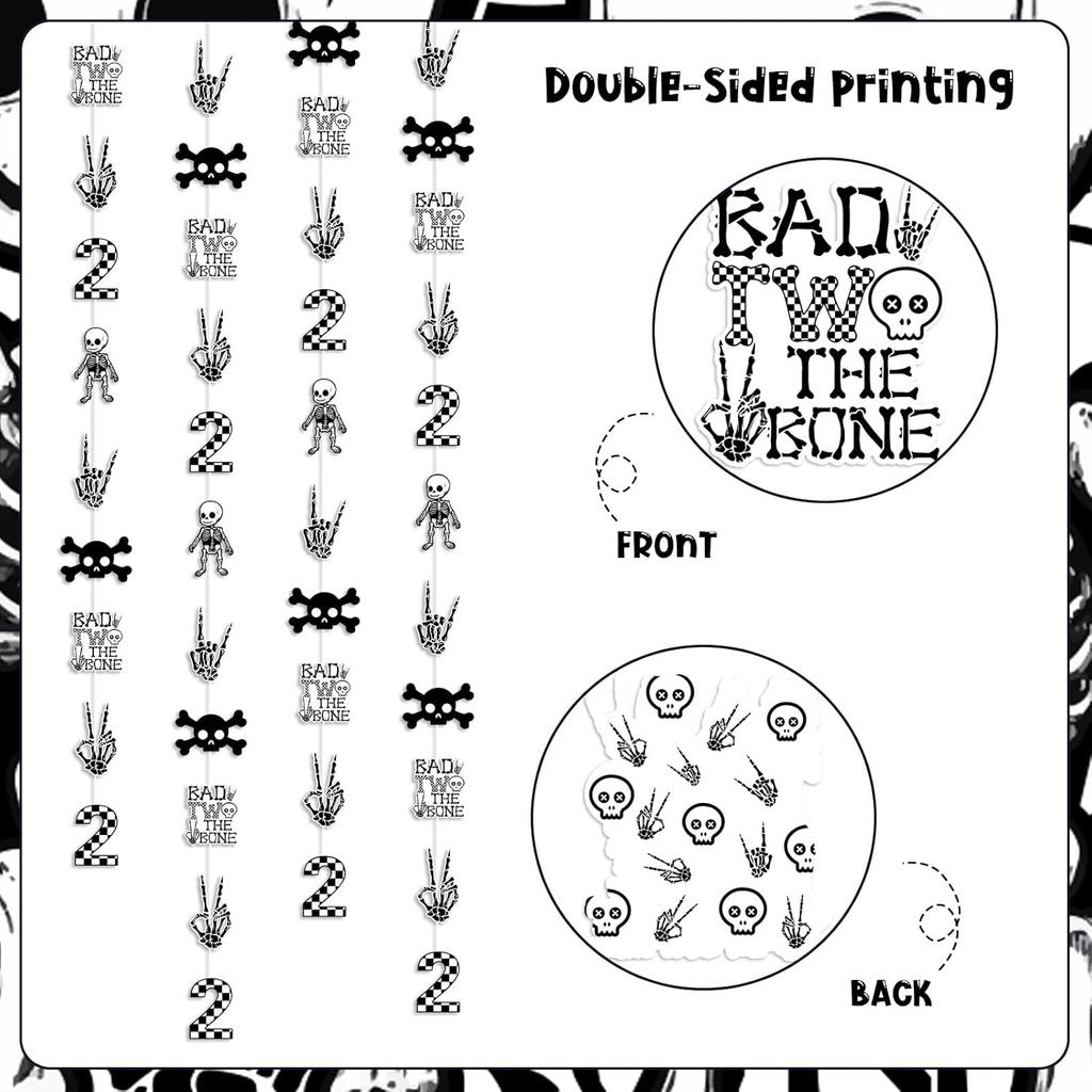 Jollyboom Bad Two The Bone Birthday Decorations Boy, 8pcs Bad 2 The Bone 2nd Birthday Hanging Garland Streamers Bone Skull Second Birthday Streamers