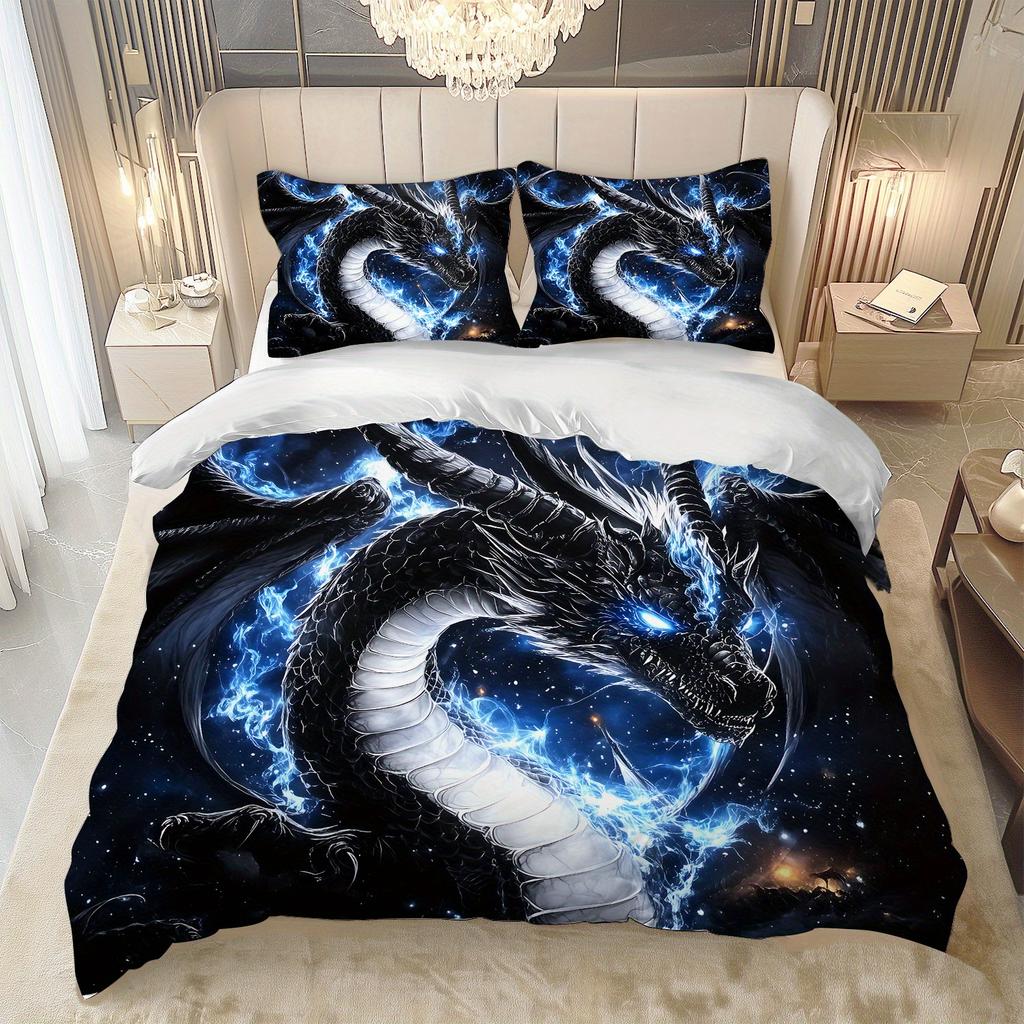 Latacaca 2/3-teiliges Schwarzer Drache Kosmisch Bettbezug-Set, Knitter- und Ausbleichbeständig Maschinenwaschbare Bettwäsche mit Kissenbezügen
