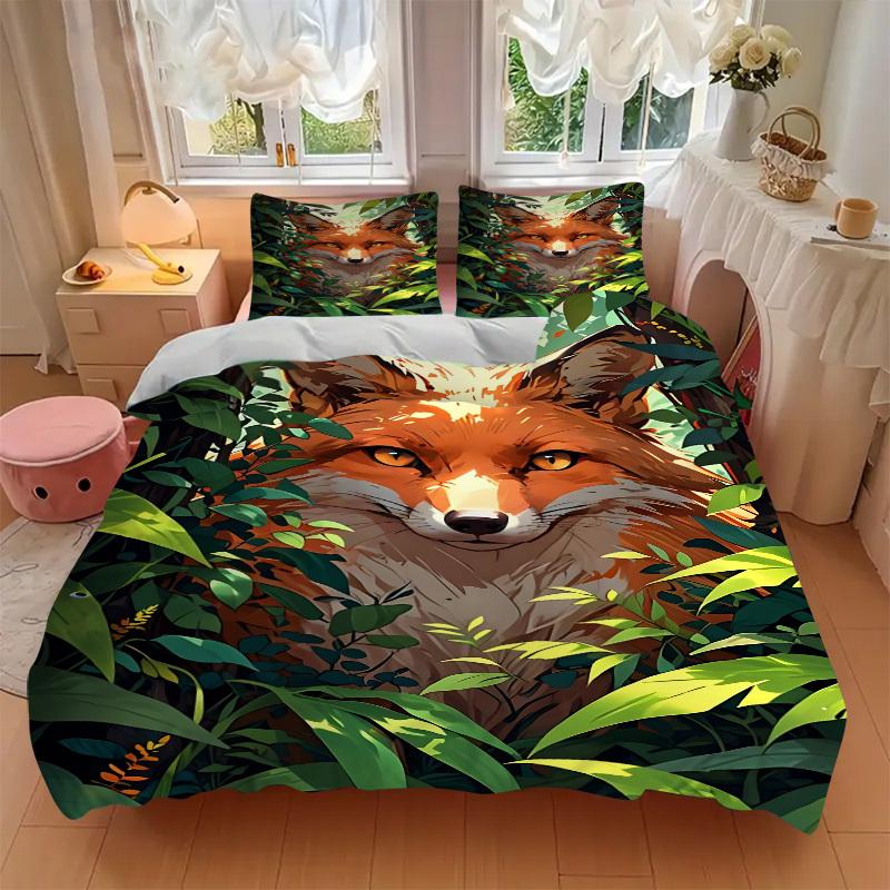 3pcs Fox Print Duvet Cover Set - Machine Washable, Includes 1 Cover and 2 Pillowcases, No Core Included Yy251013001