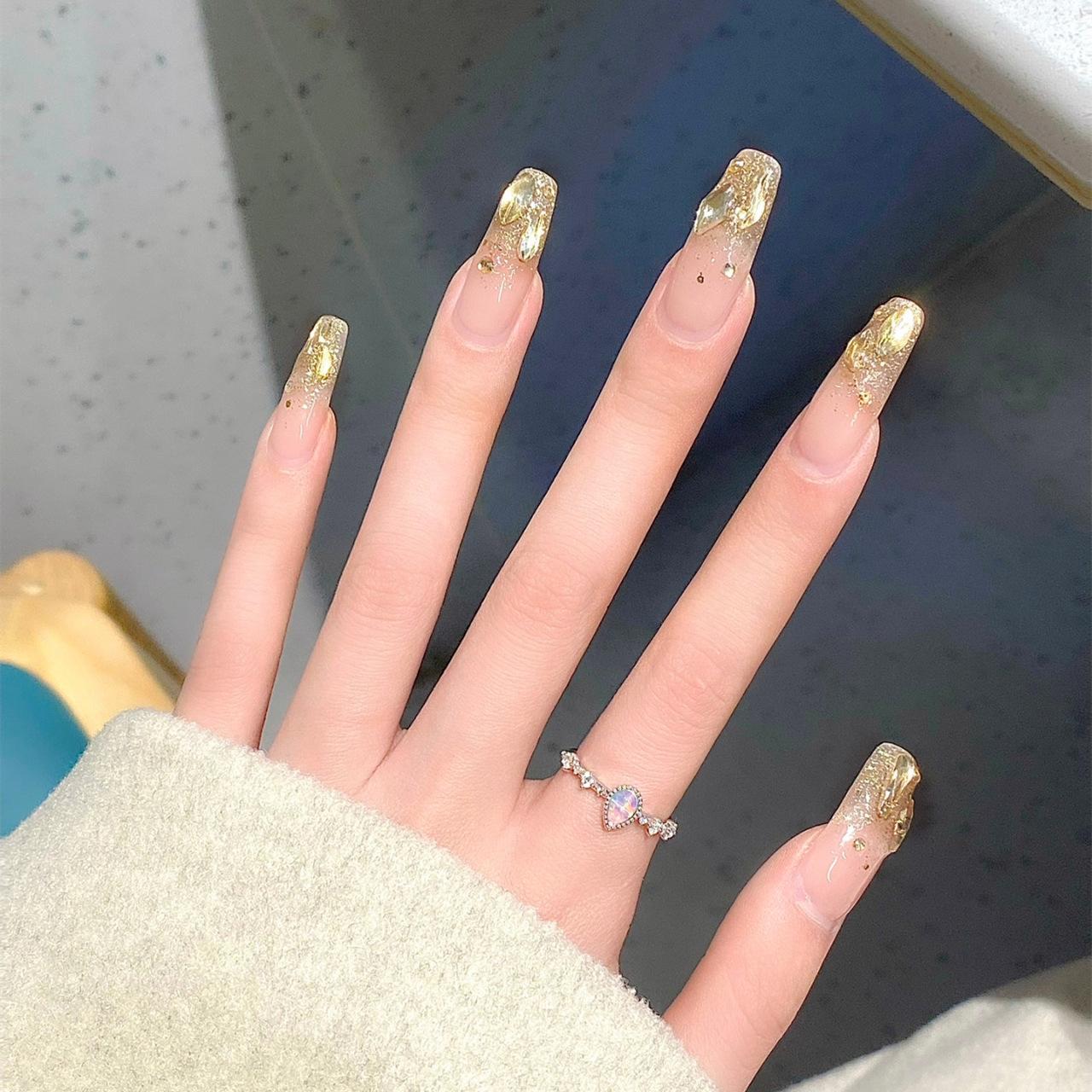 

Champagne Rhinestone Long Gel Nail Art Patches - Sparkly Handmade Wearable Stickers