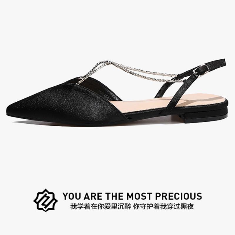 

Баотоу сандалии на плоской подошве женские на низком каблуке со стразами крест-цепочка с острым носком сандалии-полупакет 35 чёрный