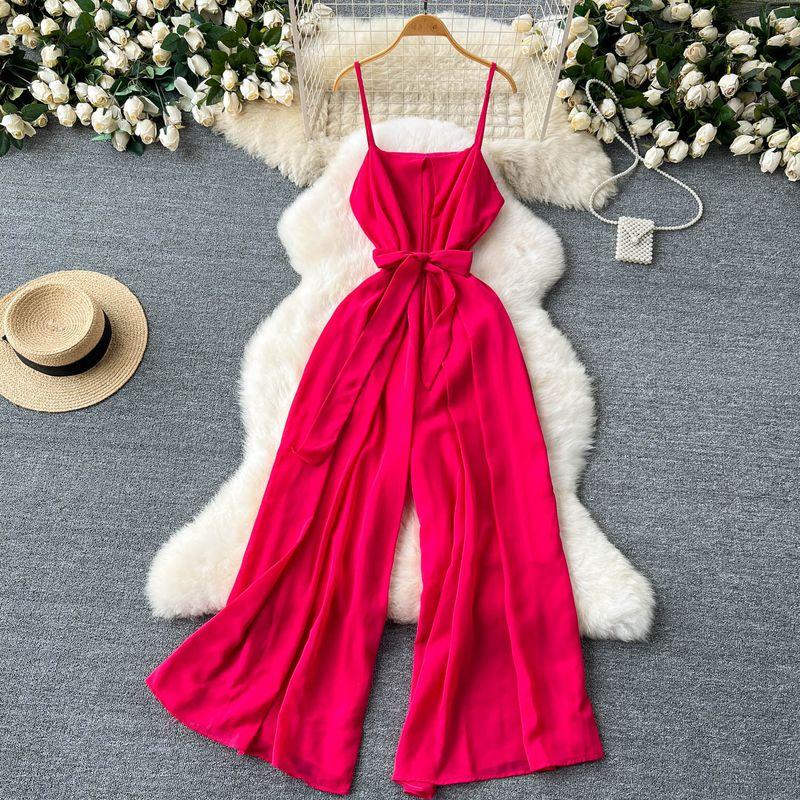 Holiday Wear Chic Summer New Design Sense Lace-up Waist-Controlled Youthful-Looking Loose Wide Leg Leisure Suspender Jumpsuit