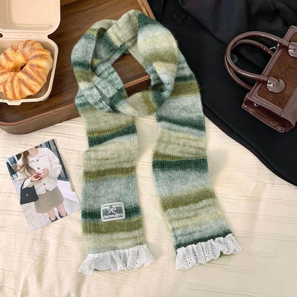 Lace Rainbow Striped Scarf Plush Winter Shawl Fashion Cashmere Knitted Scarf  Daily