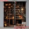 Set Of 2 Vintage Home Library Scene Curtains Floor Ceiling Bookshelf Ladder Decor Single Layer Realistic Interior View Curtain Made Polyester