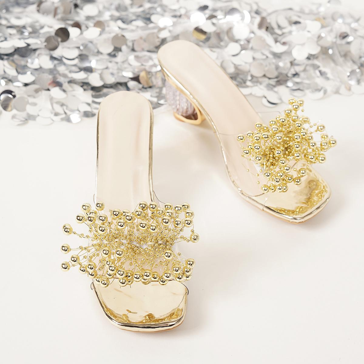 

2025 Европейская и американская внешняя торговля новые сексуальные босоножки на высоком каблуке с бантом и квадратным носком, крутые тапочки большого размера для женщин 43 золотой