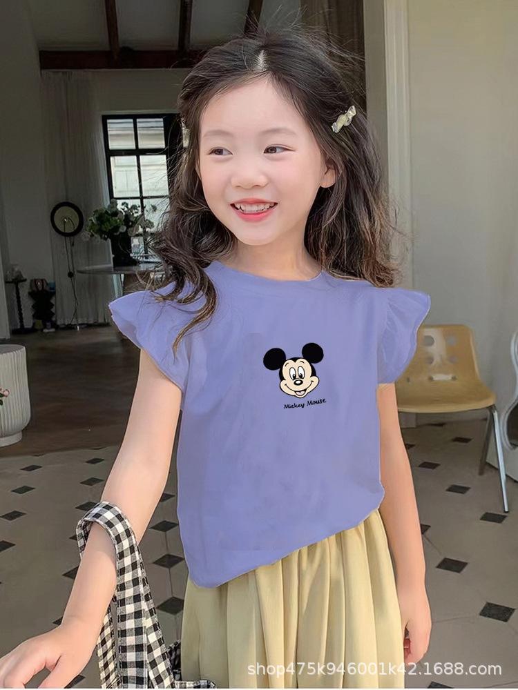 Girls Summer Cotton Cartoon T Shirt Cute Flutter Sleeve Short Sleeve Top Baby Breathable Comfortable Undershirt