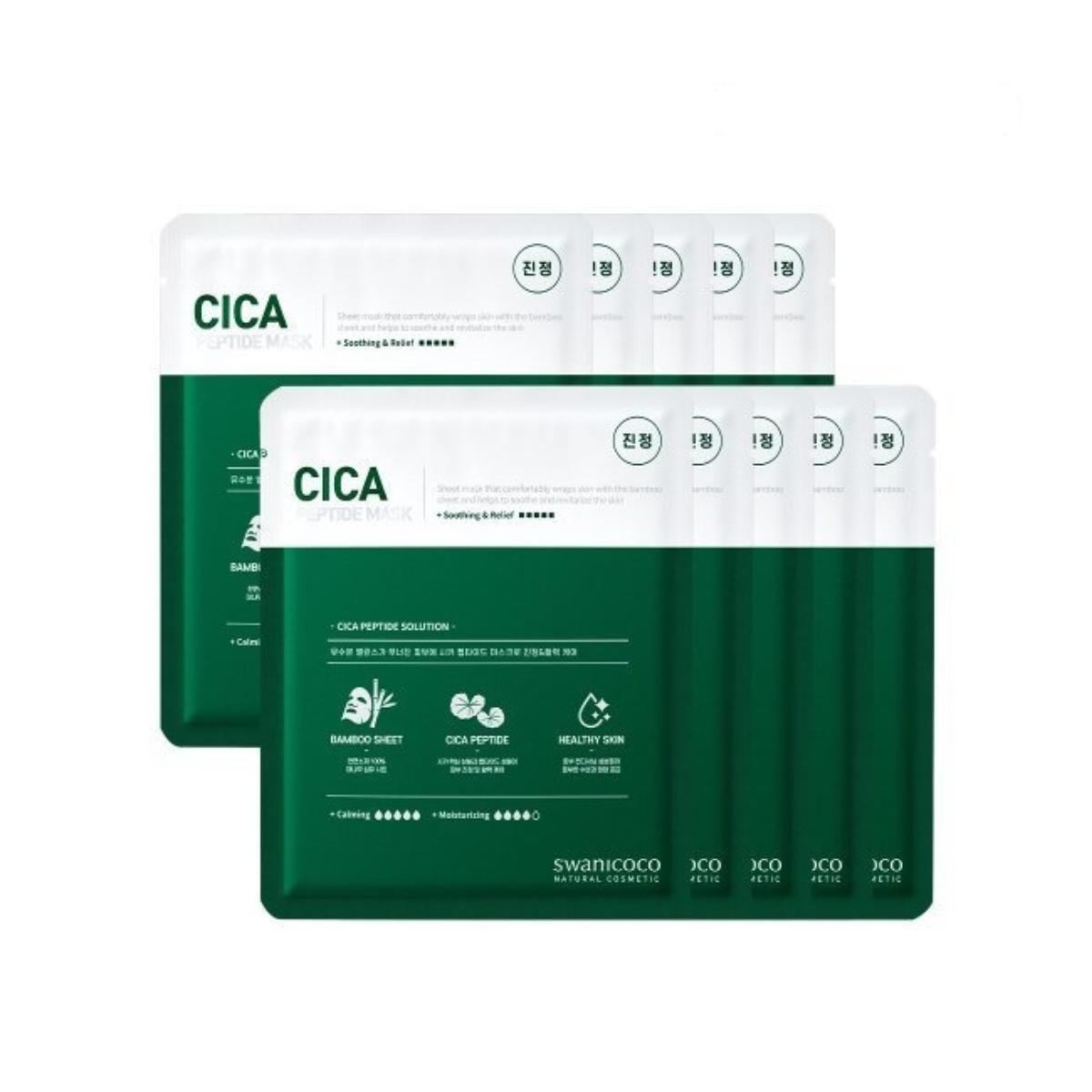 Swanicoco Cica Peptide Mask Pack - Intensive Skin Repair & Centella Soothing Sheet Mask for Sensitive Skin (35g x 10 Sheets)