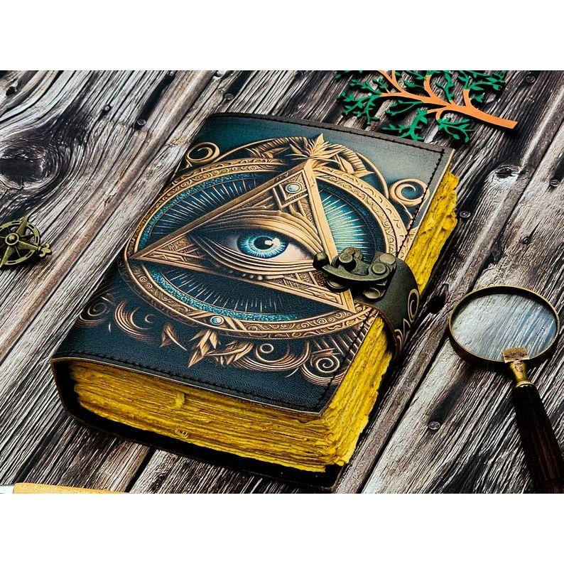 

Кожаный журнал ручной работы с бумагой с необрезанным краем, журнал-гримуар «Третий глаз», антикварный блокнот для заклинаний Викканский блокнот, книга ужасов, специальная книга 7 x 5 in