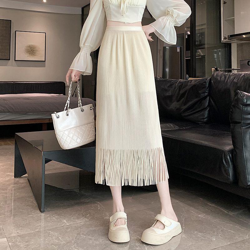 

Весенне-летняя женская одежда однотонная эластичная с высокой талией повседневная с кисточками сборки лестная универсальная модная юбка до колена XL абрикосовый